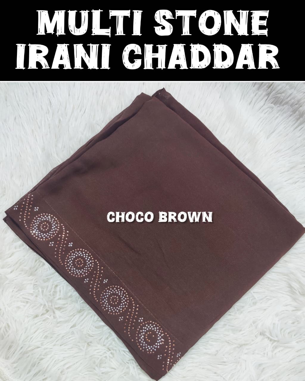 Plain Irani Chaddar With Golden &amp; Silver Stone Border&nbsp;